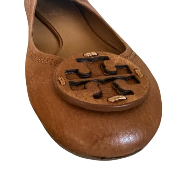 Tory Burch Women's Casual Shoes Reva Flat Tan Logo Leather Size 7 - Picture 9 of 10